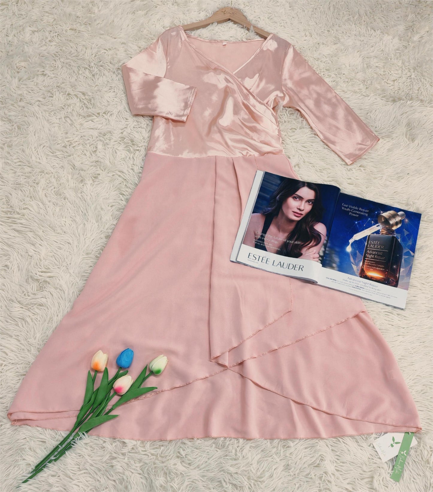 SpringStil - Hellrosa Plissee ¾-Ärmel Maxikleid in A-Linie