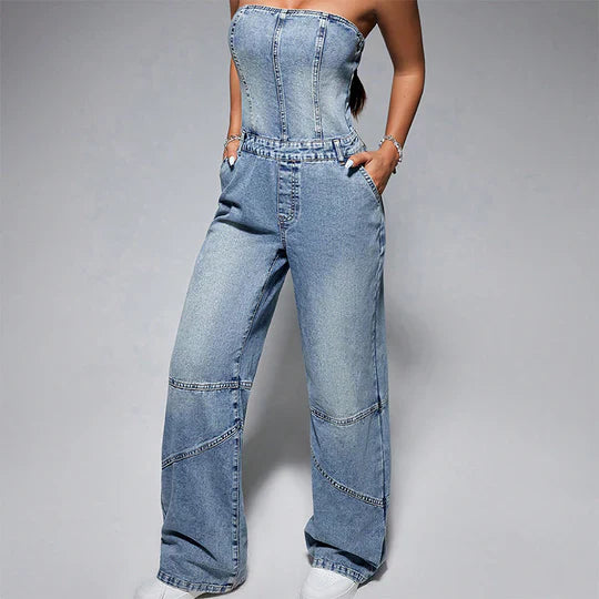 Yasmin - Schulterfreie Denim-Jumpsuits