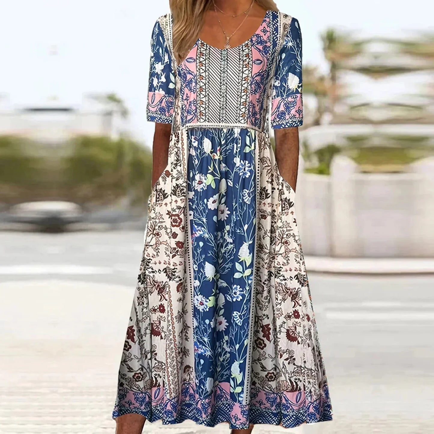 Ishya - Bohemian Print Kleid mit Rundhalsausschnitt