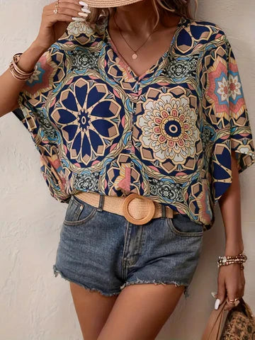 Dulcina - Bluse mit Blumenmuster und V-Ausschnitt