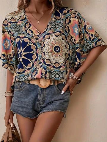 Dulcina - Bluse mit Blumenmuster und V-Ausschnitt