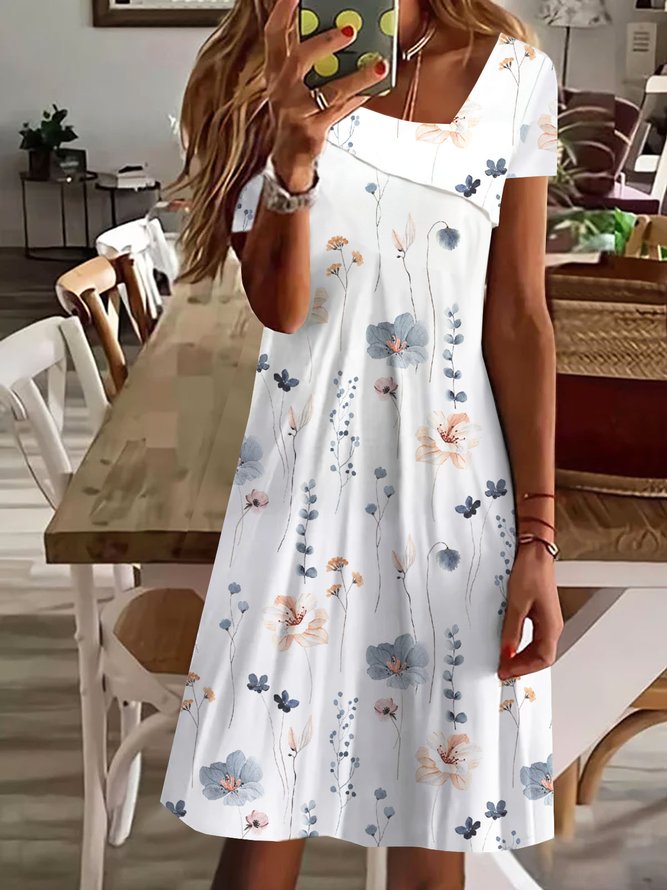 FallStil - Frisches weißes buntes Blumendruck V-Ausschnitt Minikleid