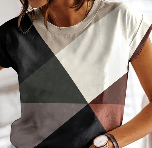 Anja - Sommer kariertes T-Shirt für Frauen O-Ausschnitt