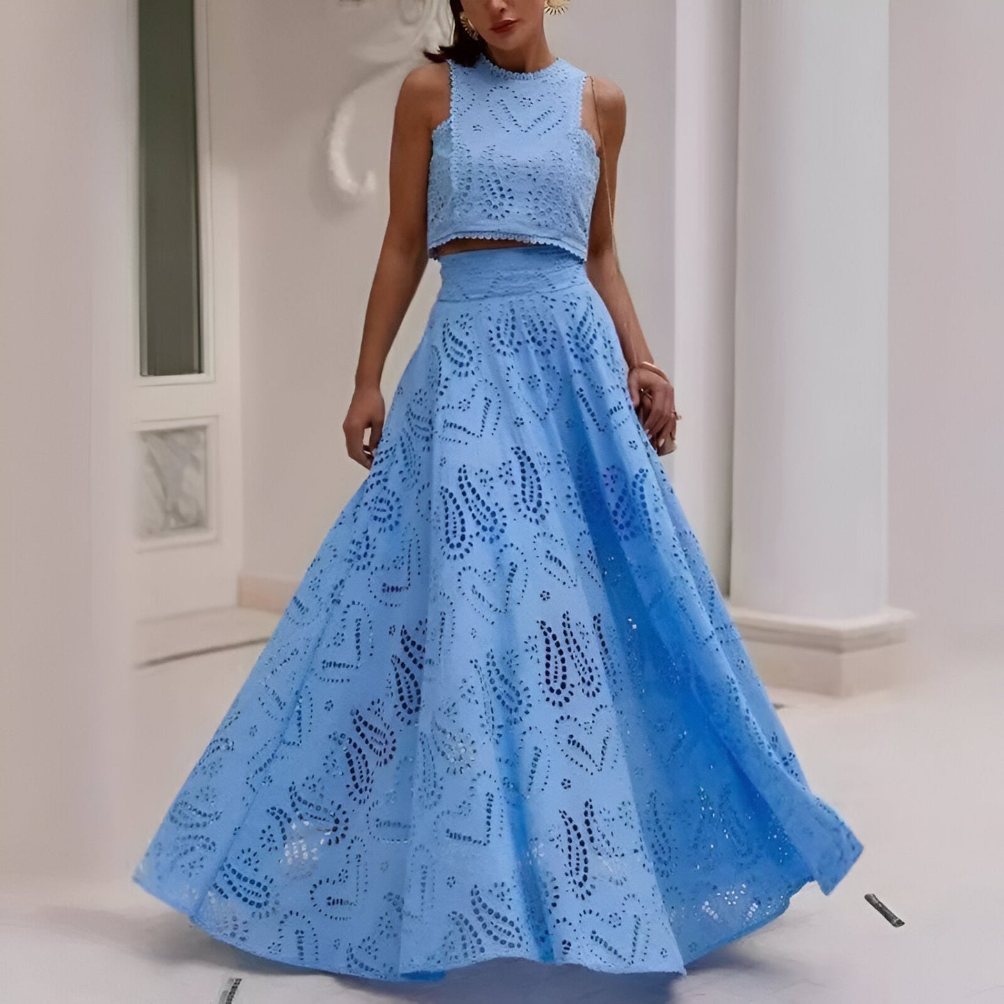 Natasa | Baumwolle Leinen lange Pagode Ärmel Crop Top 2 Stück Set