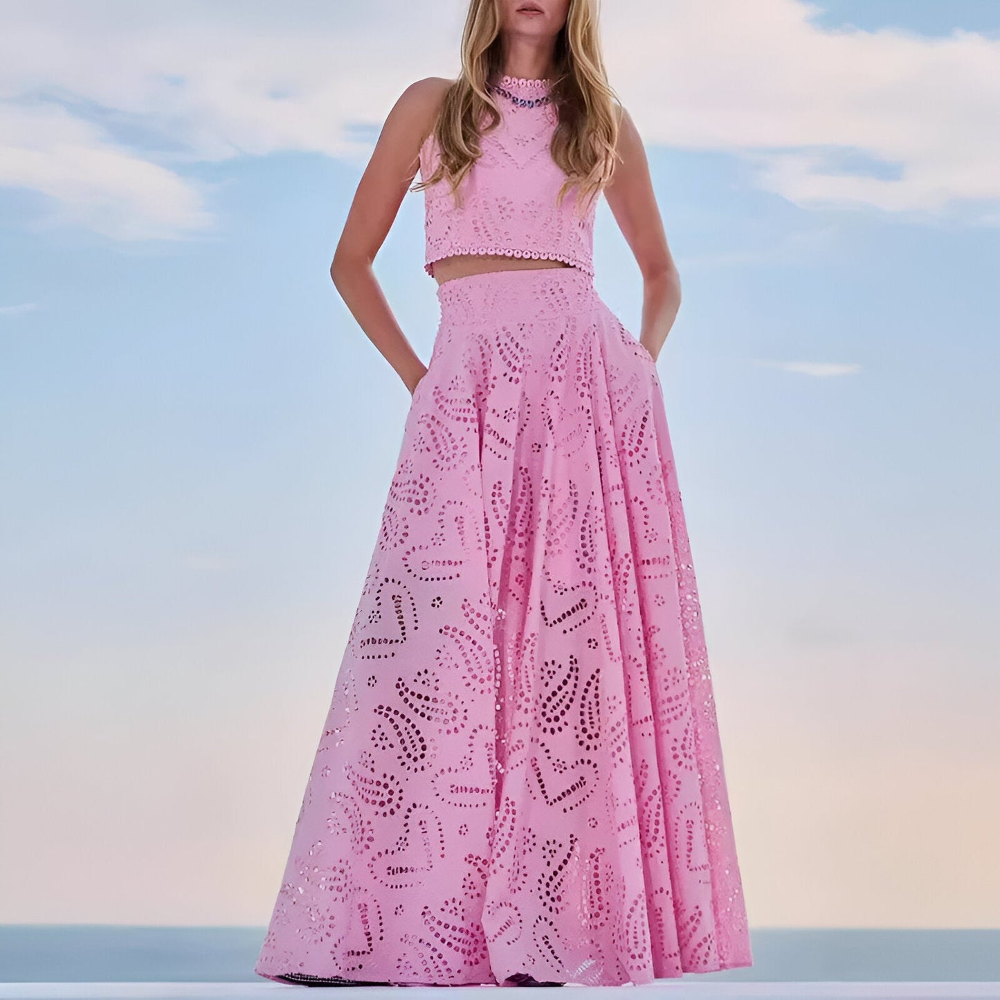 Natasa | Baumwolle Leinen lange Pagode Ärmel Crop Top 2 Stück Set