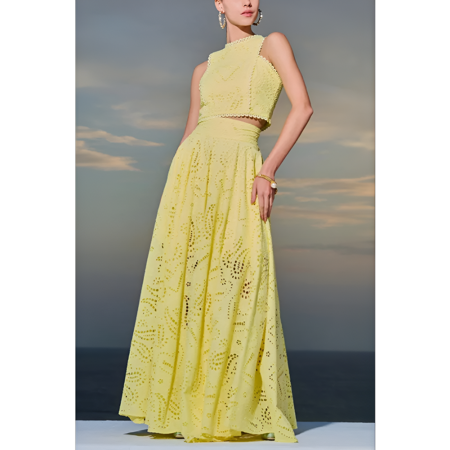 Natasa | Baumwolle Leinen lange Pagode Ärmel Crop Top 2 Stück Set