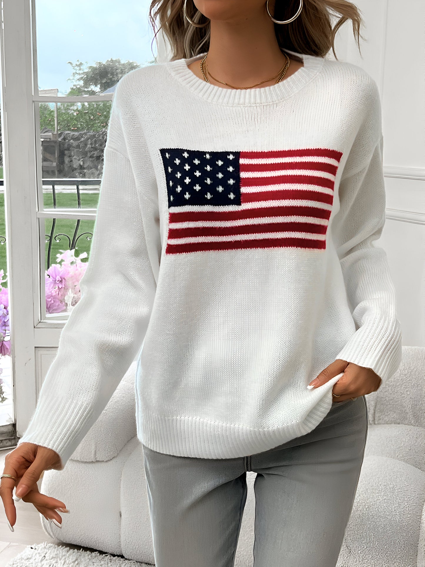 Elies | Amerikanische Flagge Rundhalsausschnitt Pullover