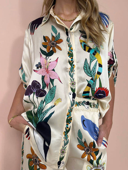 Linnea | Satin Zweiteiler mit Blumen-Jungle-Print