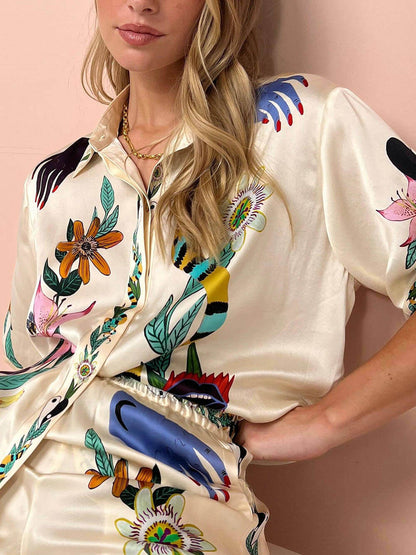 Linnea | Satin Zweiteiler mit Blumen-Jungle-Print