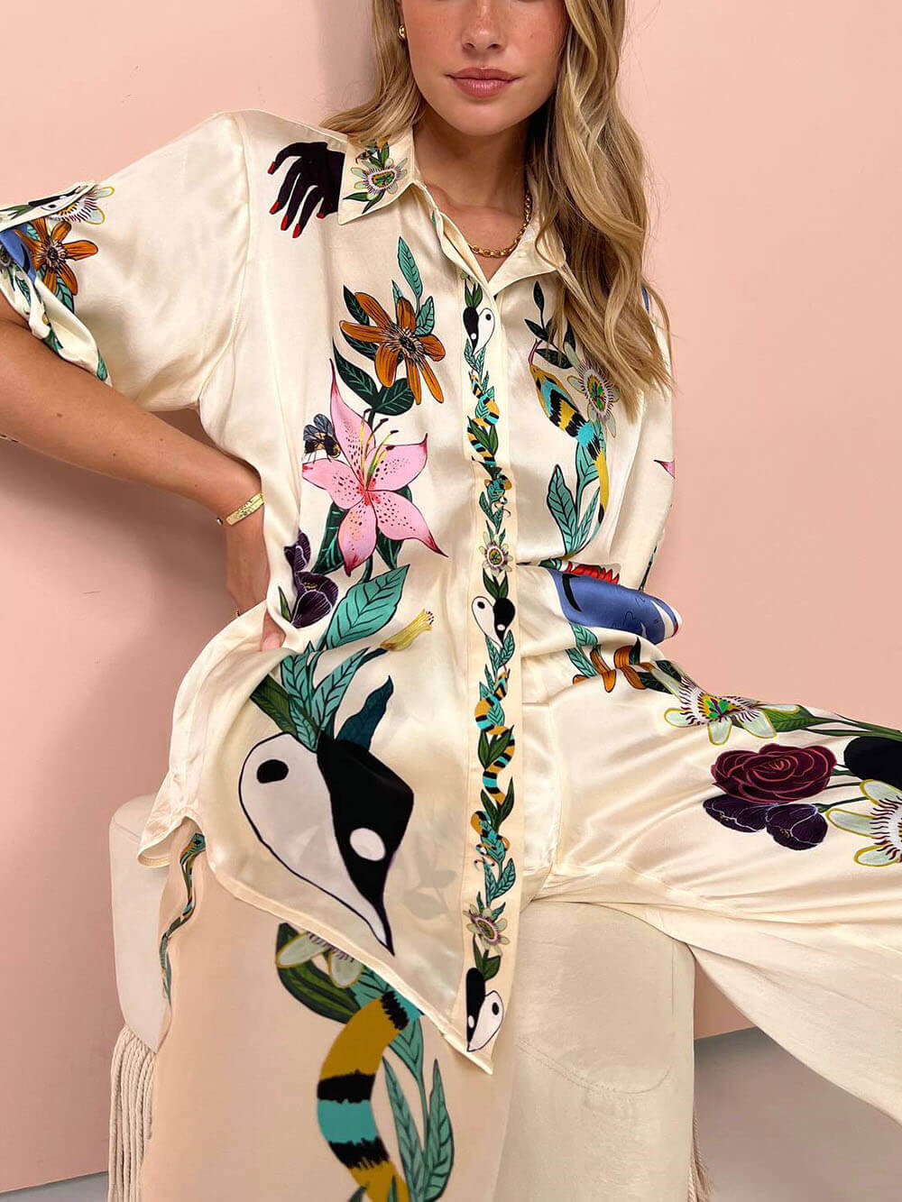 Linnea | Satin Zweiteiler mit Blumen-Jungle-Print