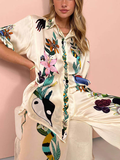 Linnea | Satin Zweiteiler mit Blumen-Jungle-Print