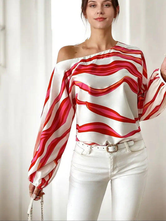 Laila | Elegante Off-the-Shoulder Bluse mit geometrischem Print
