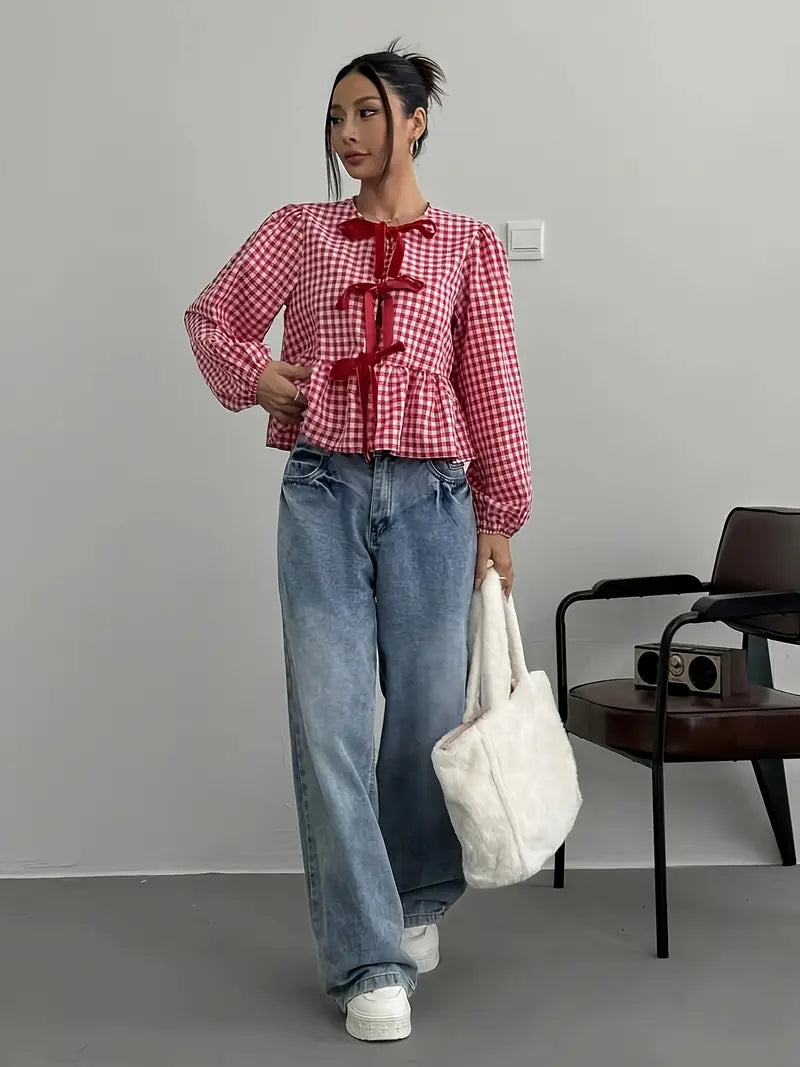 Daniela | Vintage Schwarz-Weiß Karierte Bubble Langarm-Bluse
