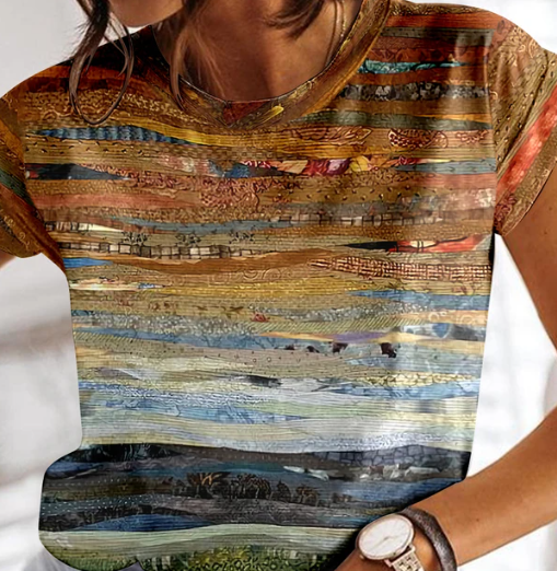 Ella - Sommer kariertes T-Shirt für Frauen O-Ausschnitt