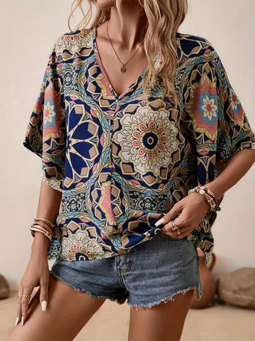 Dulcina - Bluse mit Blumenmuster und V-Ausschnitt