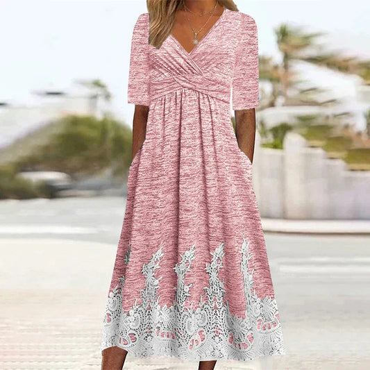 Haimi - Freizeitkleid mit V-Ausschnitt und Spitzensaum