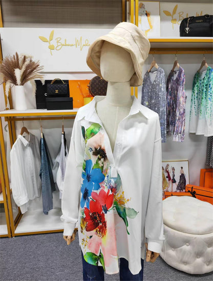 FallStil - Aquarellblume Knopfleiste Tunika-Bluse