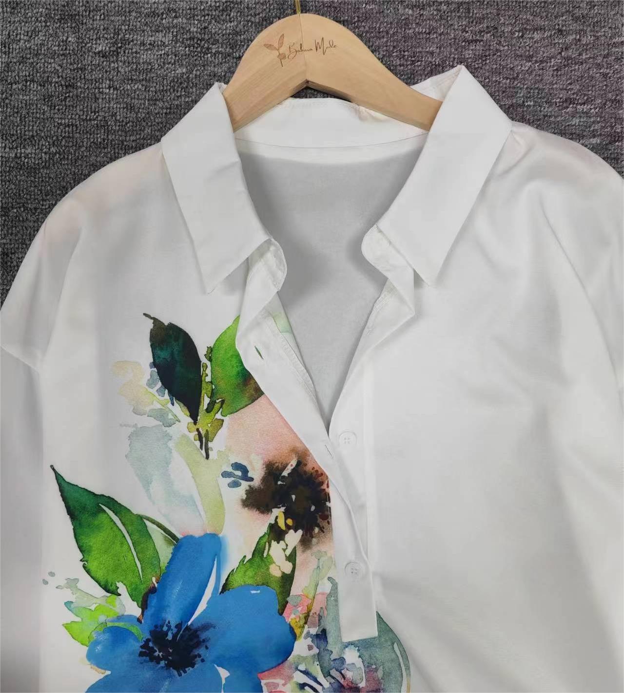 FallStil - Aquarellblume Knopfleiste Tunika-Bluse