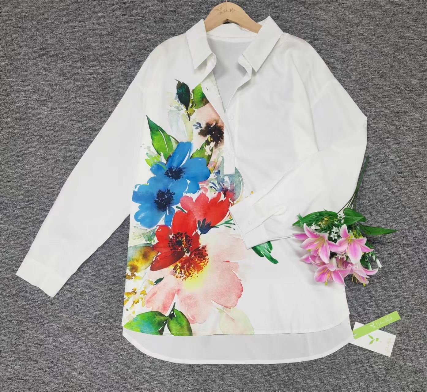 FallStil - Aquarellblume Knopfleiste Tunika-Bluse