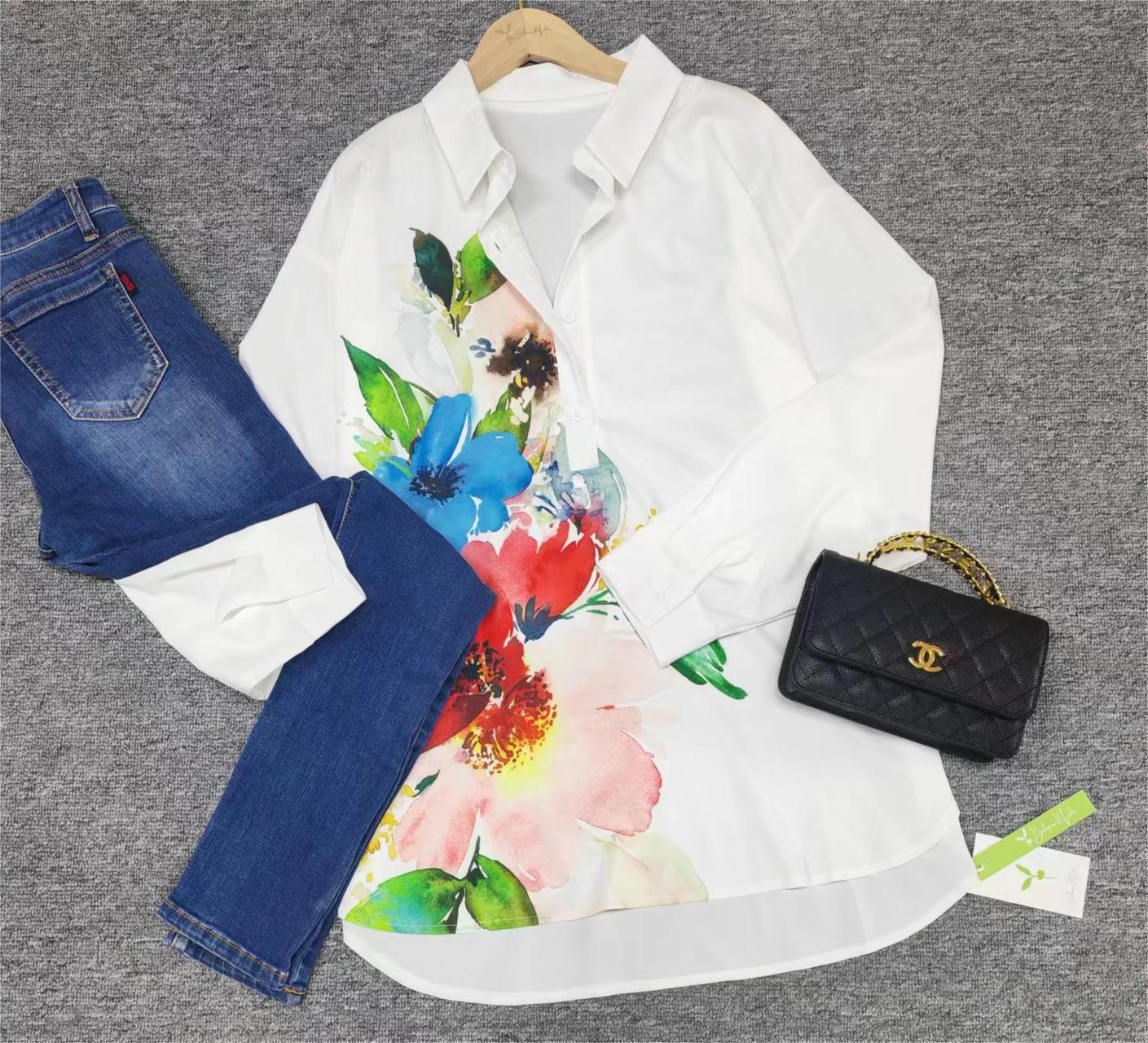 FallStil - Aquarellblume Knopfleiste Tunika-Bluse