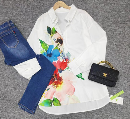 FallStil - Aquarellblume Knopfleiste Tunika-Bluse