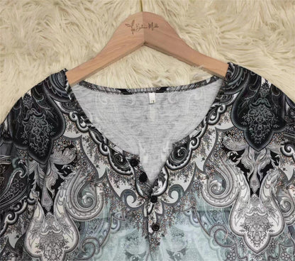 FallStil - Blau-graues Oceanic Luxe Print V-Ausschnitt Langarm-Top