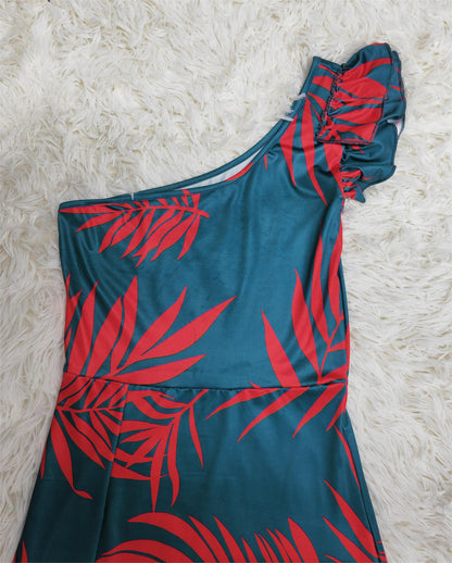 FallStil - Maui Orange Palmetto Blue Asymmetrisches Maxikleid mit Rüschen