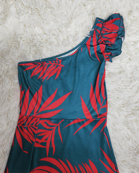 FallStil - Maui Orange Palmetto Blue Asymmetrisches Maxikleid mit Rüschen