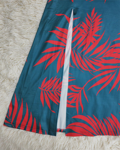 FallStil - Maui Orange Palmetto Blue Asymmetrisches Maxikleid mit Rüschen