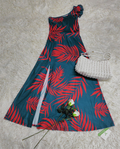 FallStil - Maui Orange Palmetto Blue Asymmetrisches Maxikleid mit Rüschen