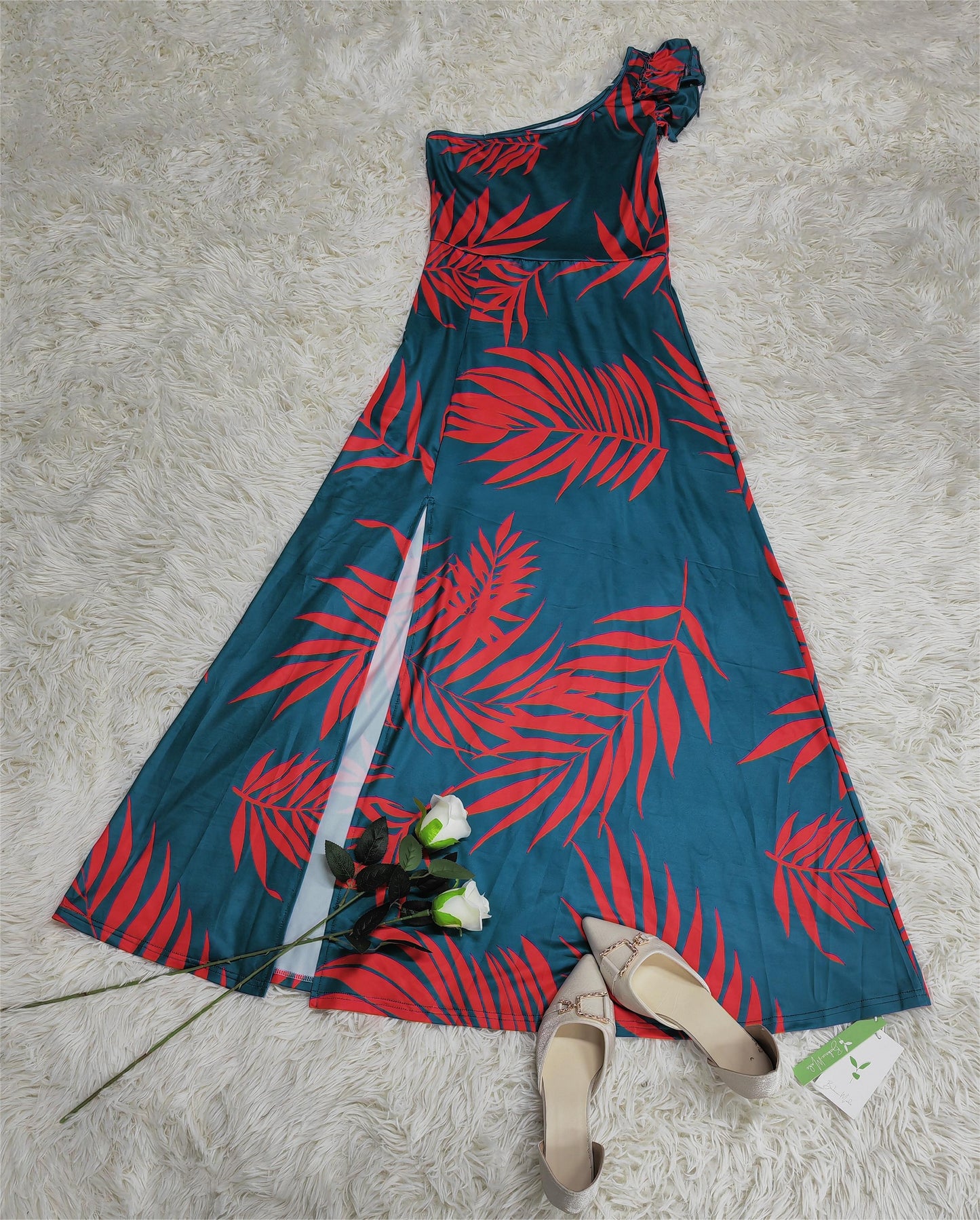 FallStil - Maui Orange Palmetto Blue Asymmetrisches Maxikleid mit Rüschen