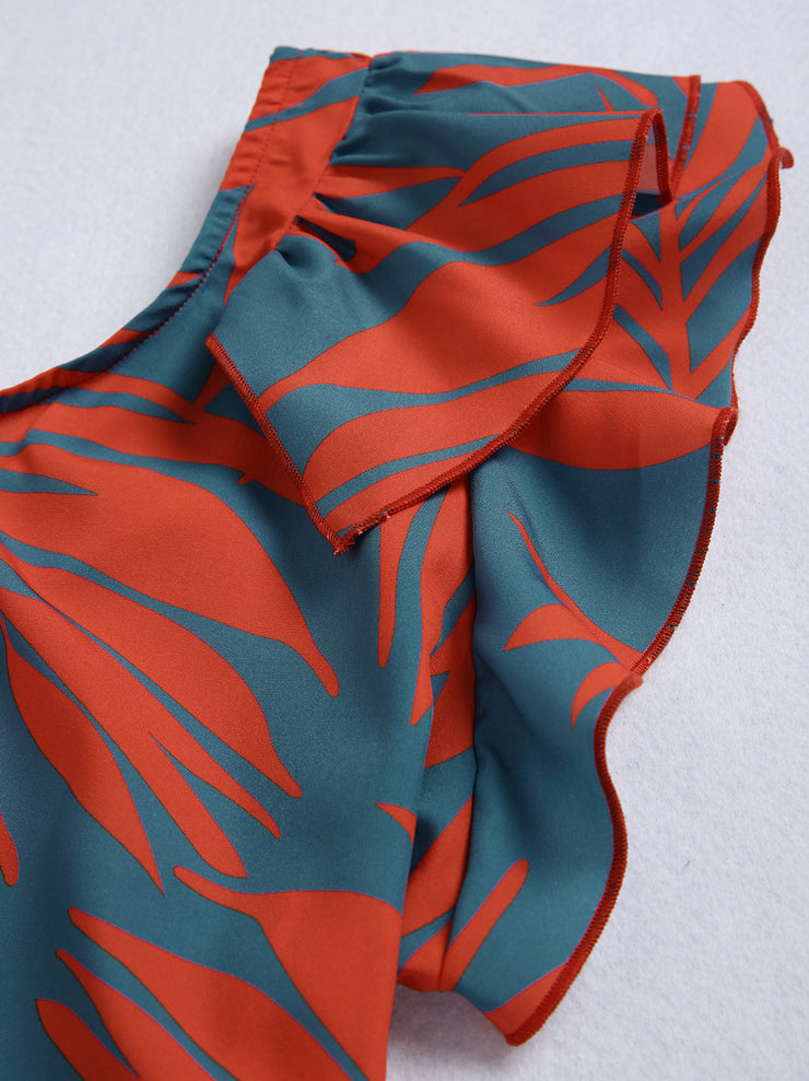 FallStil - Maui Orange Palmetto Blue Asymmetrisches Maxikleid mit Rüschen