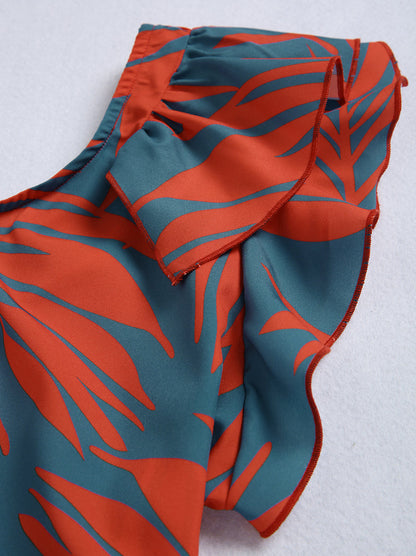 FallStil - Maui Orange Palmetto Blue Asymmetrisches Maxikleid mit Rüschen