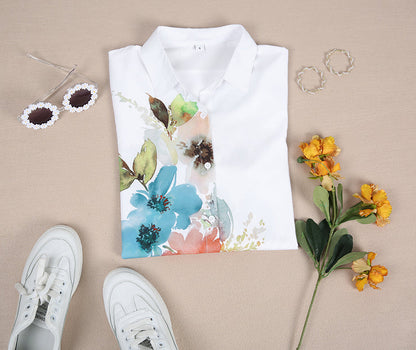 FallStil - Aquarellblume Knopfleiste Tunika-Bluse
