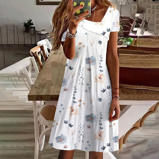 FallStil - Frisches weißes buntes Blumendruck V-Ausschnitt Minikleid