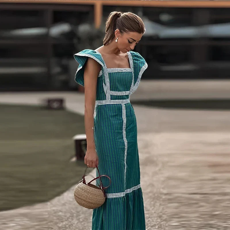 Brunhilde - Vintage Quadratkragen Patchwork Maxikleid