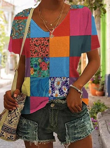 Tansy - Damen-Shirt mit Patchwork-Druck