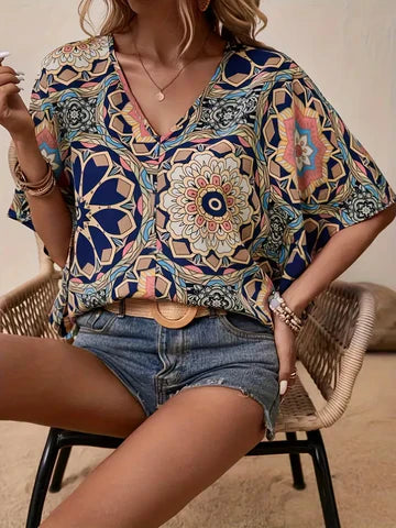 Dulcina - Bluse mit Blumenmuster und V-Ausschnitt