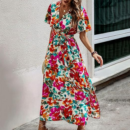 Clara - Kleid mit Gürtel und tropischem Muster