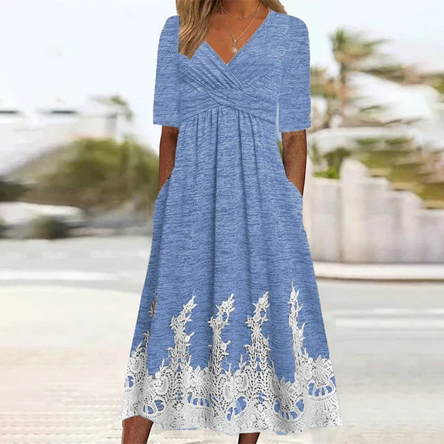 Haimi - Freizeitkleid mit V-Ausschnitt und Spitzensaum