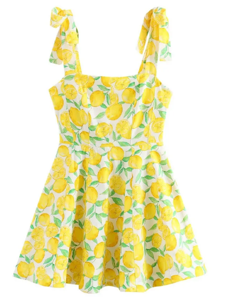 Lieselotte - Damen Schickes Zitronenfarbenes Bedrucktes Minikleid Sommer