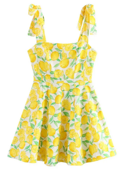 Lieselotte - Damen Schickes Zitronenfarbenes Bedrucktes Minikleid Sommer