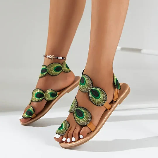 Vivien - Damensandalen mit Pfauenmuster
