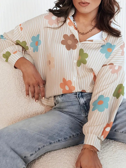 Jennifer | Elegantes Blumen Streifenmuster Button-Up Hemd