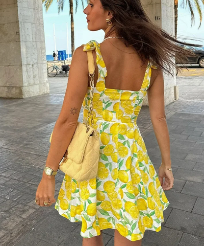 Lieselotte - Damen Schickes Zitronenfarbenes Bedrucktes Minikleid Sommer