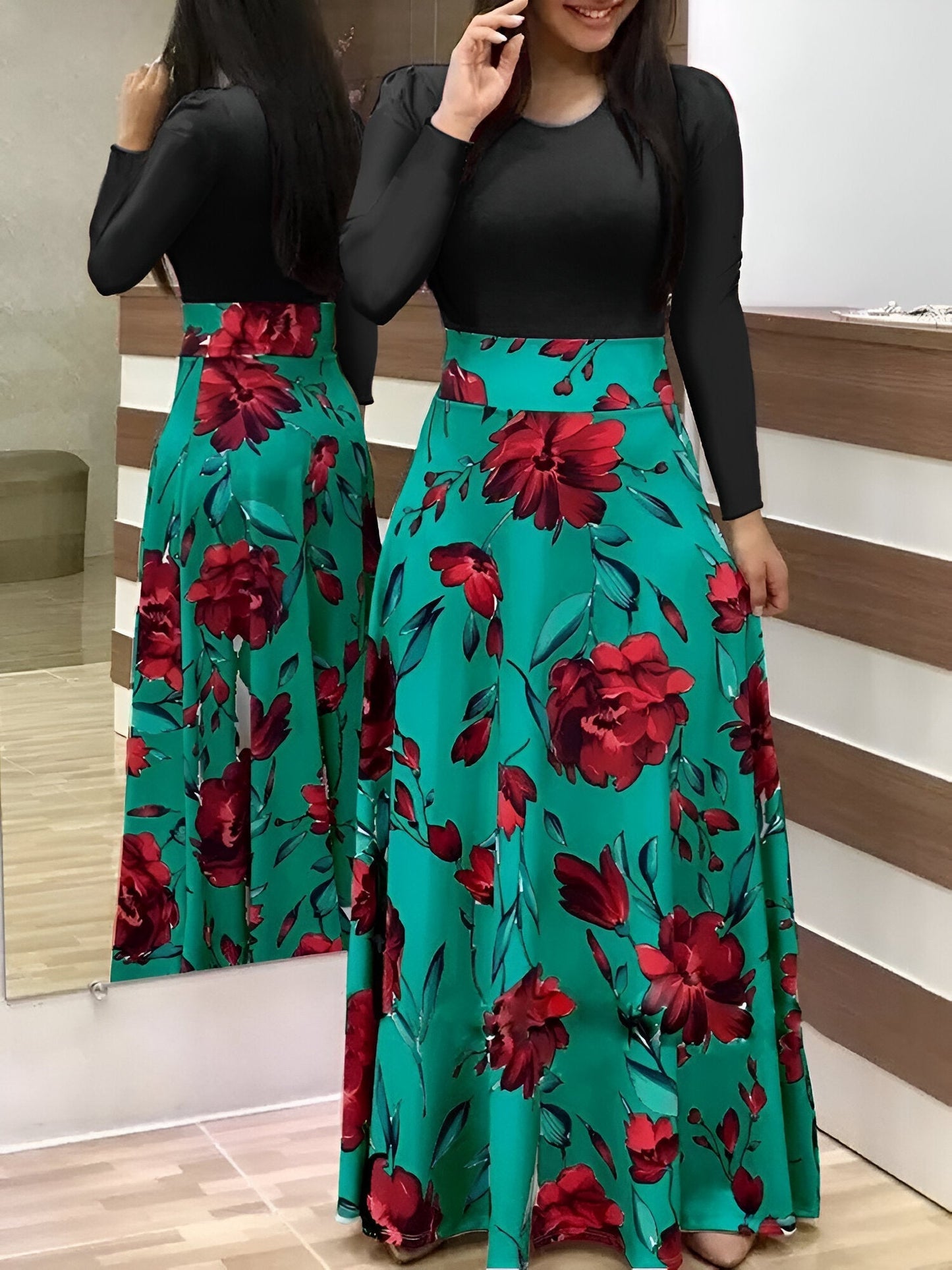 Abrielle | Elegantes Blumen Color-Block Kleid