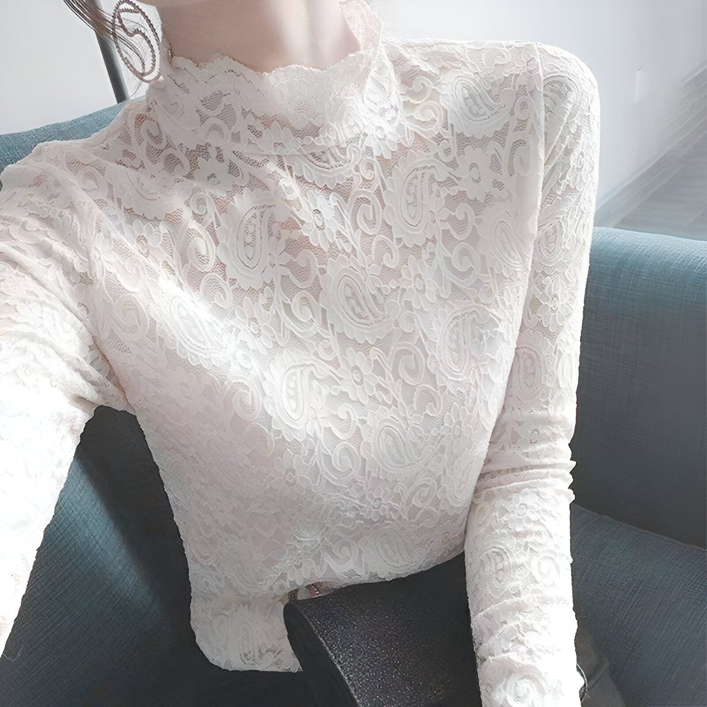 Edita | Herbst Hochkragen Lace Langarm-Top