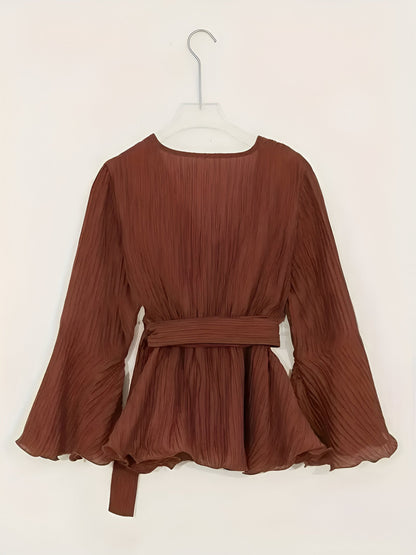 Nicolina | Elegante V-Ausschnitt-Bluse mit Schleife und Rüschen