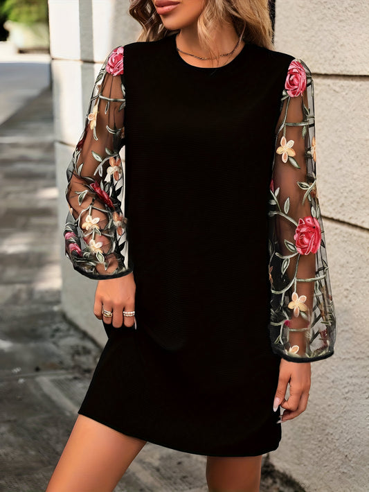 Martina | Elegantes Patchwork-Spitzen- und Blumenstickerei-Schwarzes Kleid