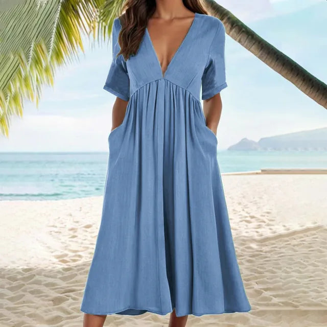 Haiya - Faltenkleid mit tiefem V-Ausschnitt und Taschen